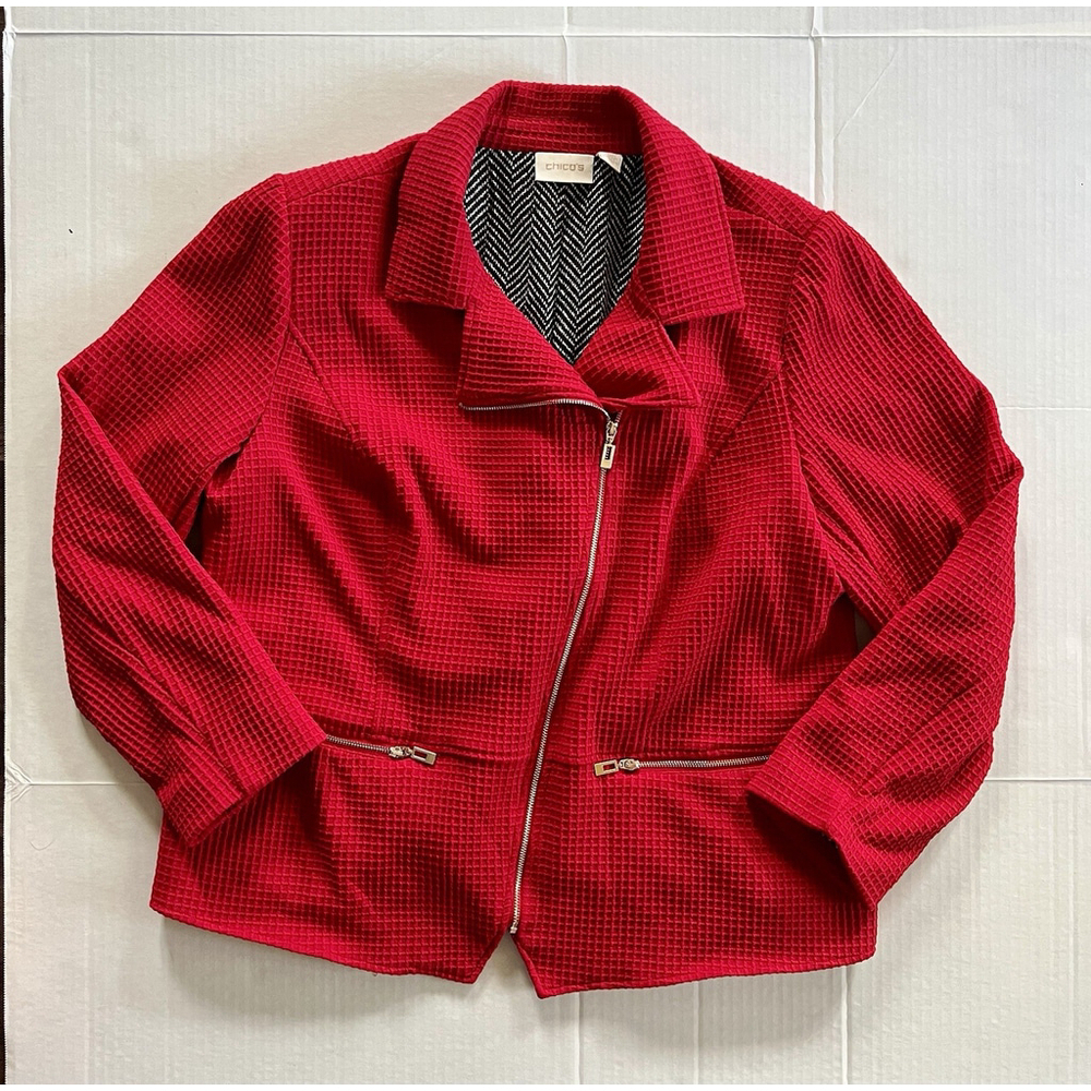 Chicos Red Moto Jacket Waffle Texture Side Zip Closure Size 3 Gold Zip